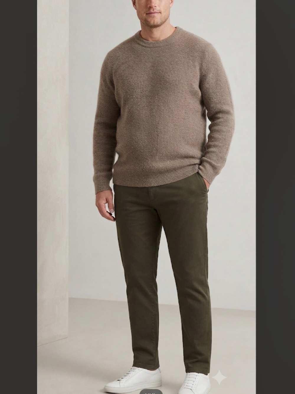 Taupe Crewneck Sweater with Olive Pants